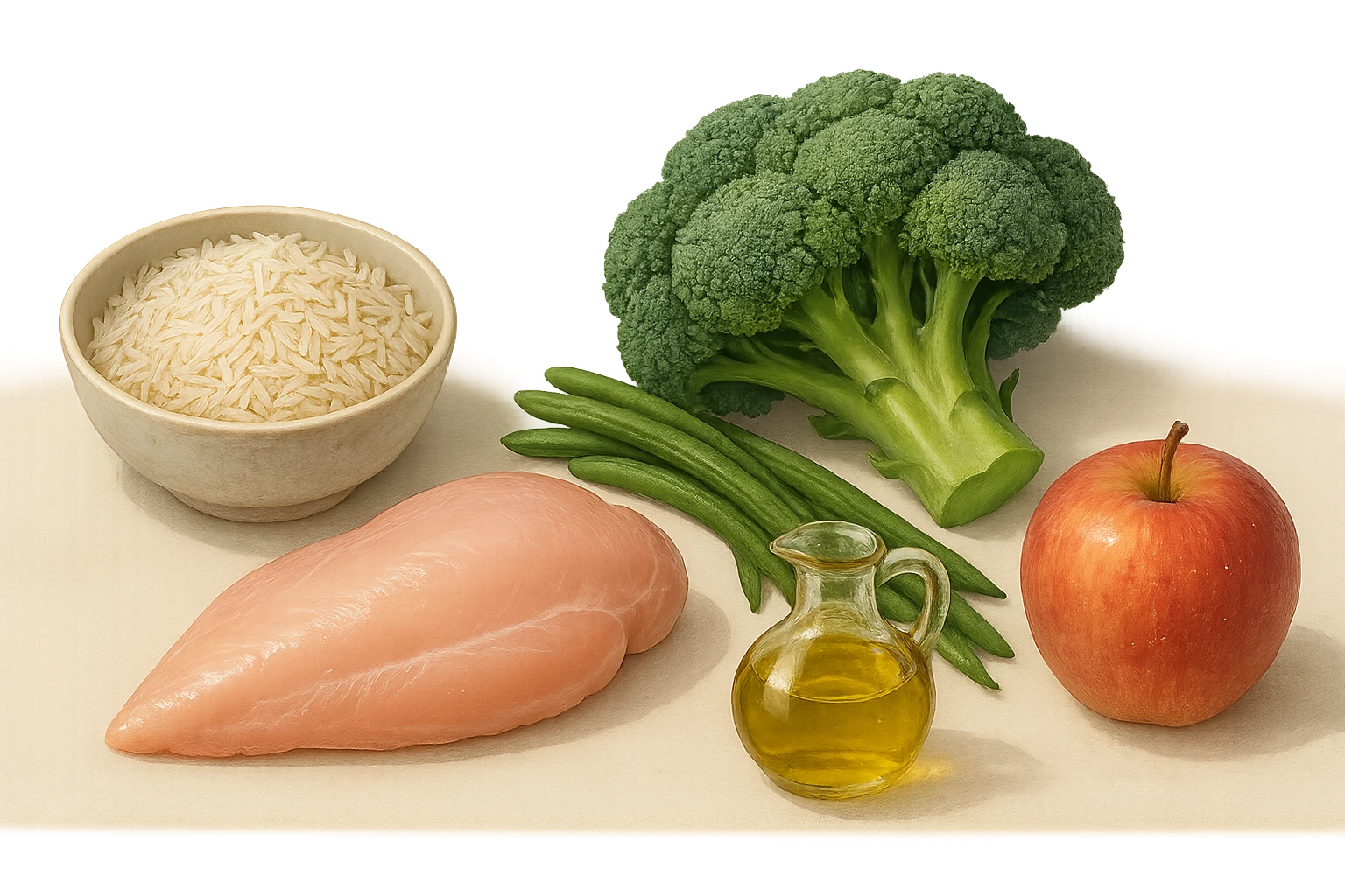 Riso basmati
Petto di pollo
Verdura fibrosa verde
Olio EVO
Mela
poggiati sul tavolo emoji