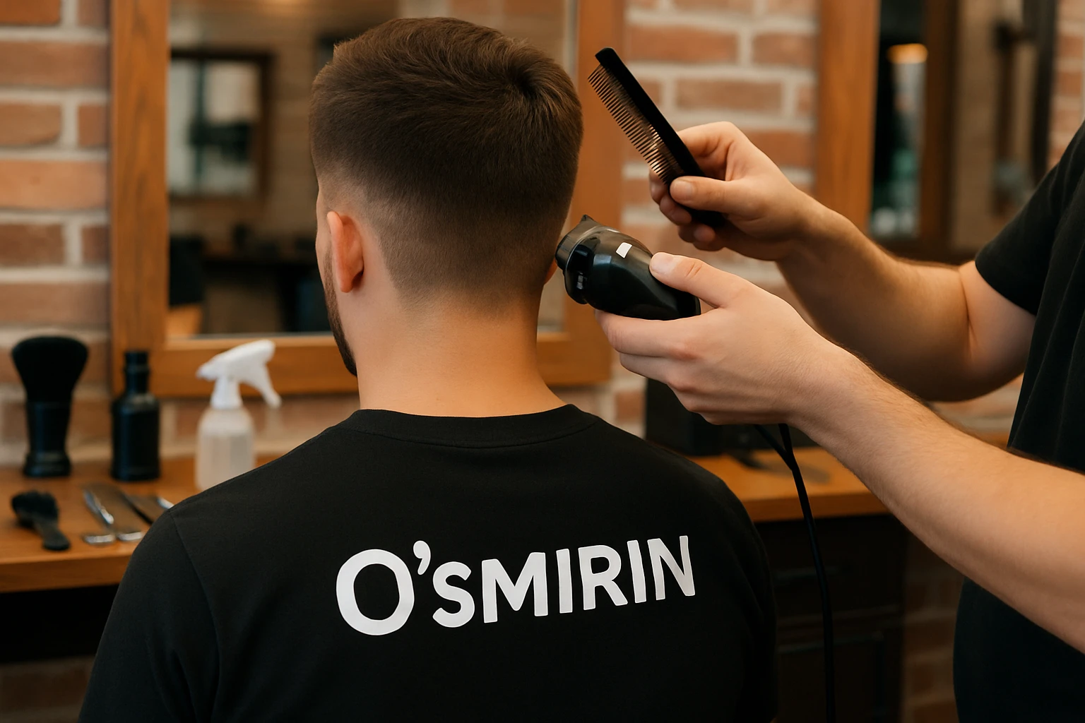 o'smirin bola qora futbolkada sartaroshxonada soch olayapti yuzi ko'rinmasin emoji
