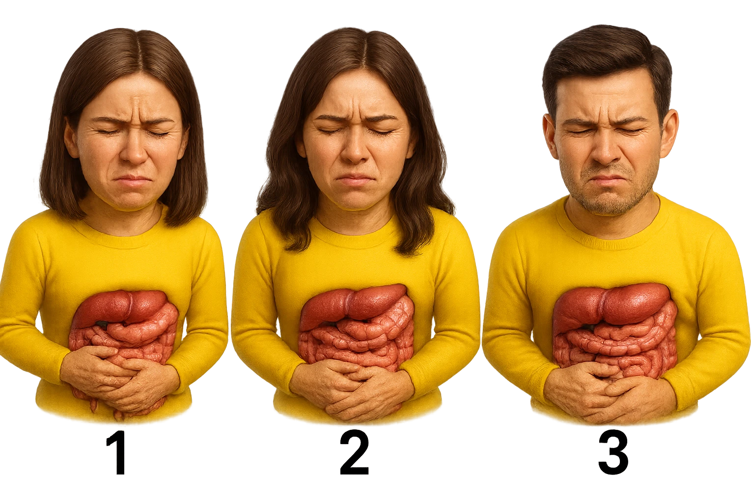 emoji stile iphone di 3 persone, due donne e un uomo, con intestino realistico e mal di pancia, sulle donne ci sono i numeri 1, 2 e sull'uomo il 3, iperrealistico 4k emoji