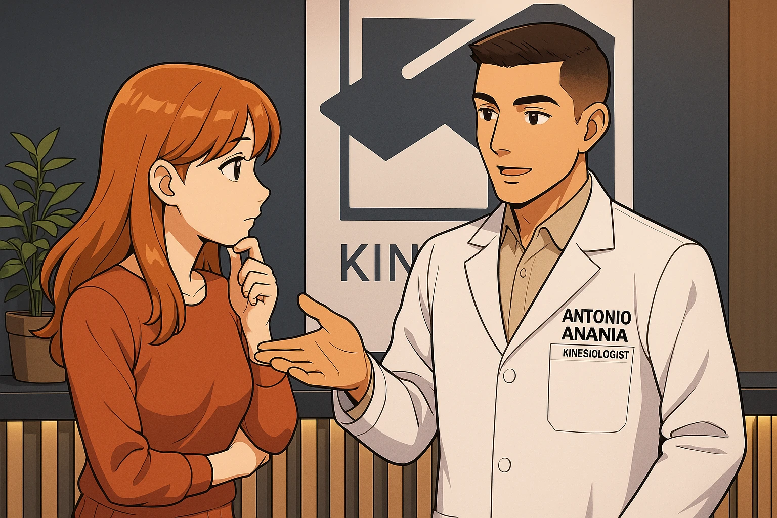 su questo stile fai un manga/webtoon a colori in cui una donna SI TOCCA IL MENTO CON L'INDICE MENTRE ASCOLTA PENSIEROSA L'UOMO, l'uomo della foto in stile manga LE SPIEGA CHE DEVE PROVARE LA SUA VALUTAZIONE MEDICA, mantieni un ambiente simile alla foto che ho allegato con il suo logo (sarebbe il suo studio, lui è un kinesiologo), scrivigli "ANTONIO ANANIA" sul camice bianco, non mettere fumetti, ma fai in modo che sembri che la donna ASCOLTI l'uomo emoji
