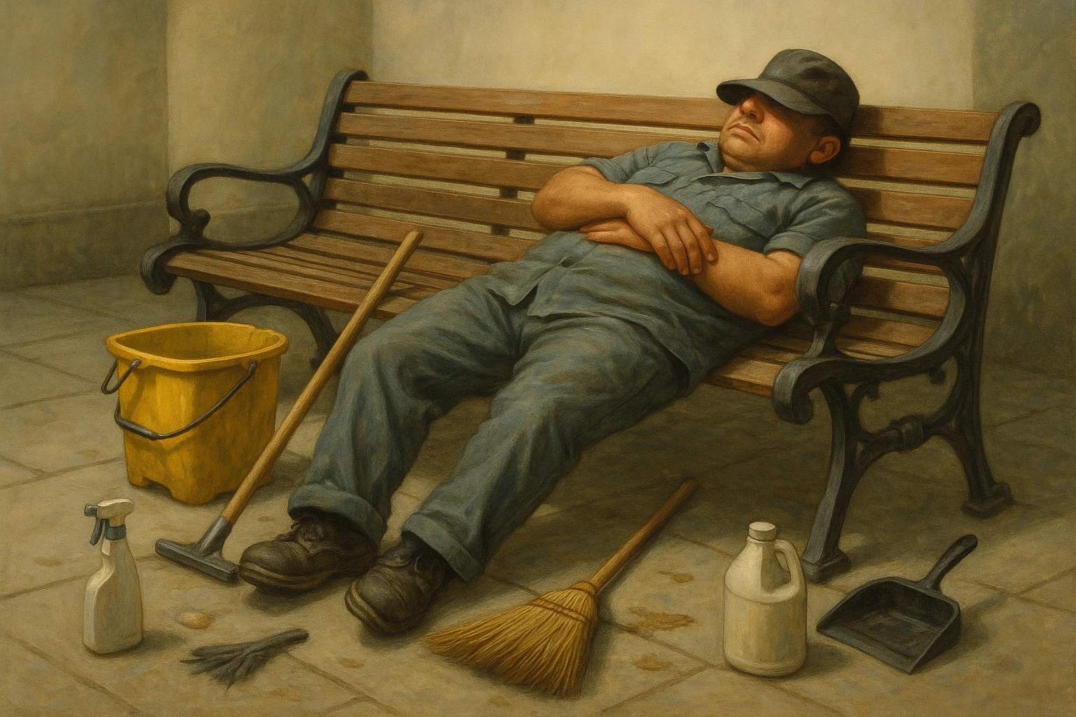 lazy janitor lying on a bench, cleaning supplies scattered, hat over eyes, sleeping emoji