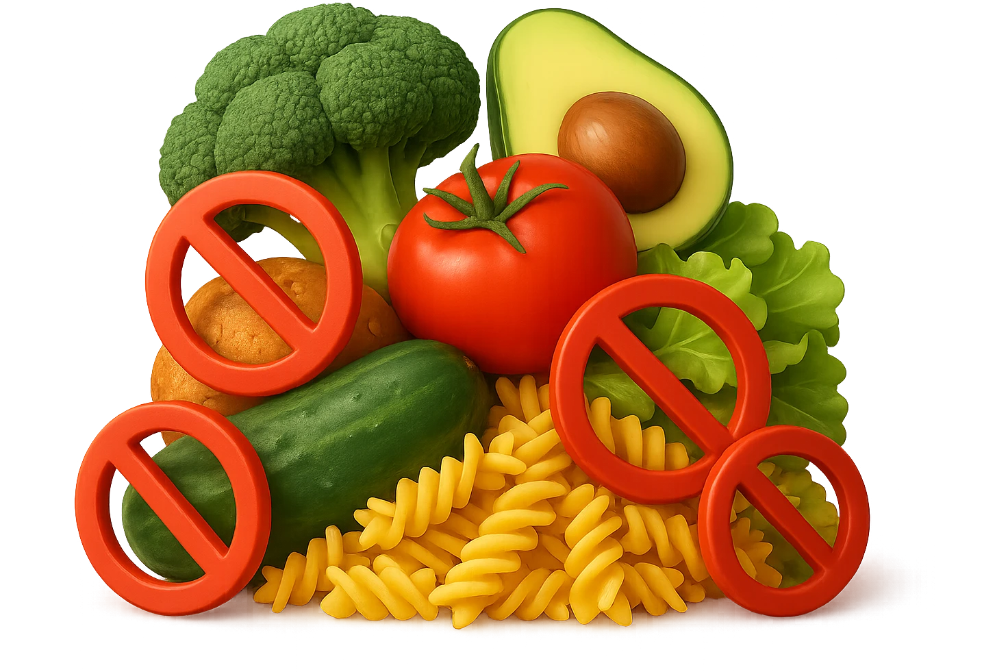 EMOJI STILE IPHONE DI UNa montagna di cibo sano tipo broccoli, pomodori, pasta ecc con divieti 3d sparsi, IPERREALISTICO 4K emoji