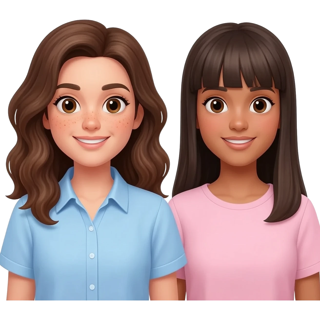 two friends one has toasted skin brunette wavy longish hair light blue shirt . other is straight dark brown hair long natural skin tone light pink shirt emoji