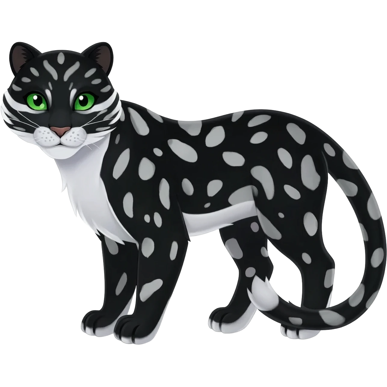 Black Snow Leopard-Panther-hybrid-animal-creature with white stripes and spots and splotch markings, with green eyes emoji