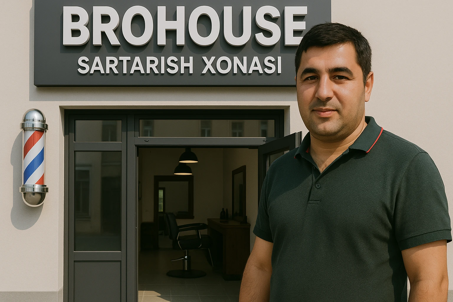 eni shu rasimga manashu odamga uxhshasin sartaosh eshik oldida tursin va tashqarida esa mijoz rasm esa 16 ga 9 bulsin 1920x1080 emoji