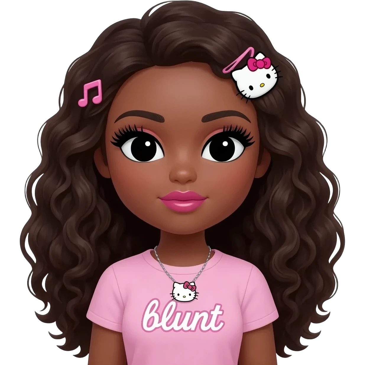 Long giant lashes, my melody hairclip, Doll faced shaped, hello kitty necklace, bimbo, black doll eyes, Big lips barbie, dark brown skin with long curly hair, light pink bimbo shirt says "blunt" , big breast emoji