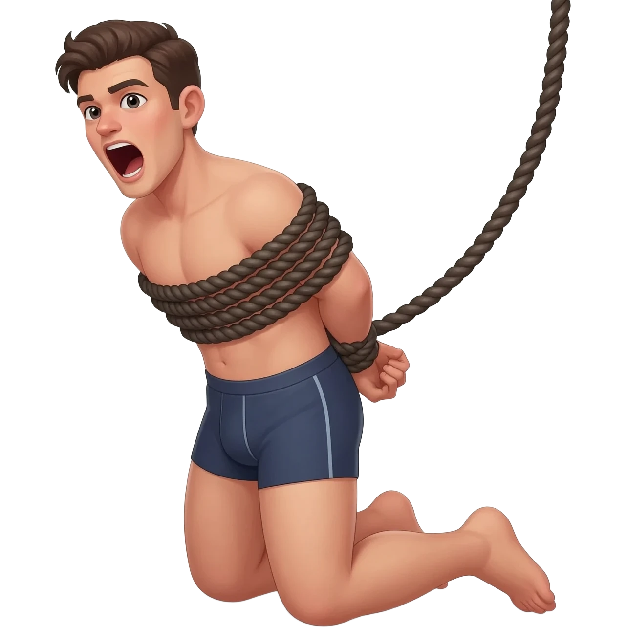 thirty year old guy wearing boxershorts standing on his knees with mouth wide open and hands tied behind his back with ropes emoji
