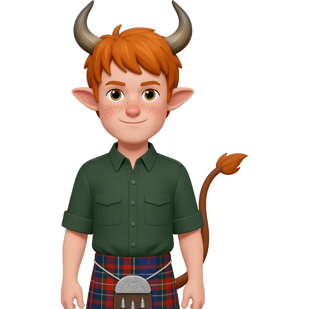 ginger man with freckles with with bangs covering the eyes like scottish bull with bull horns and bull ears and bull tail dressed in kilt and the skirt emoji