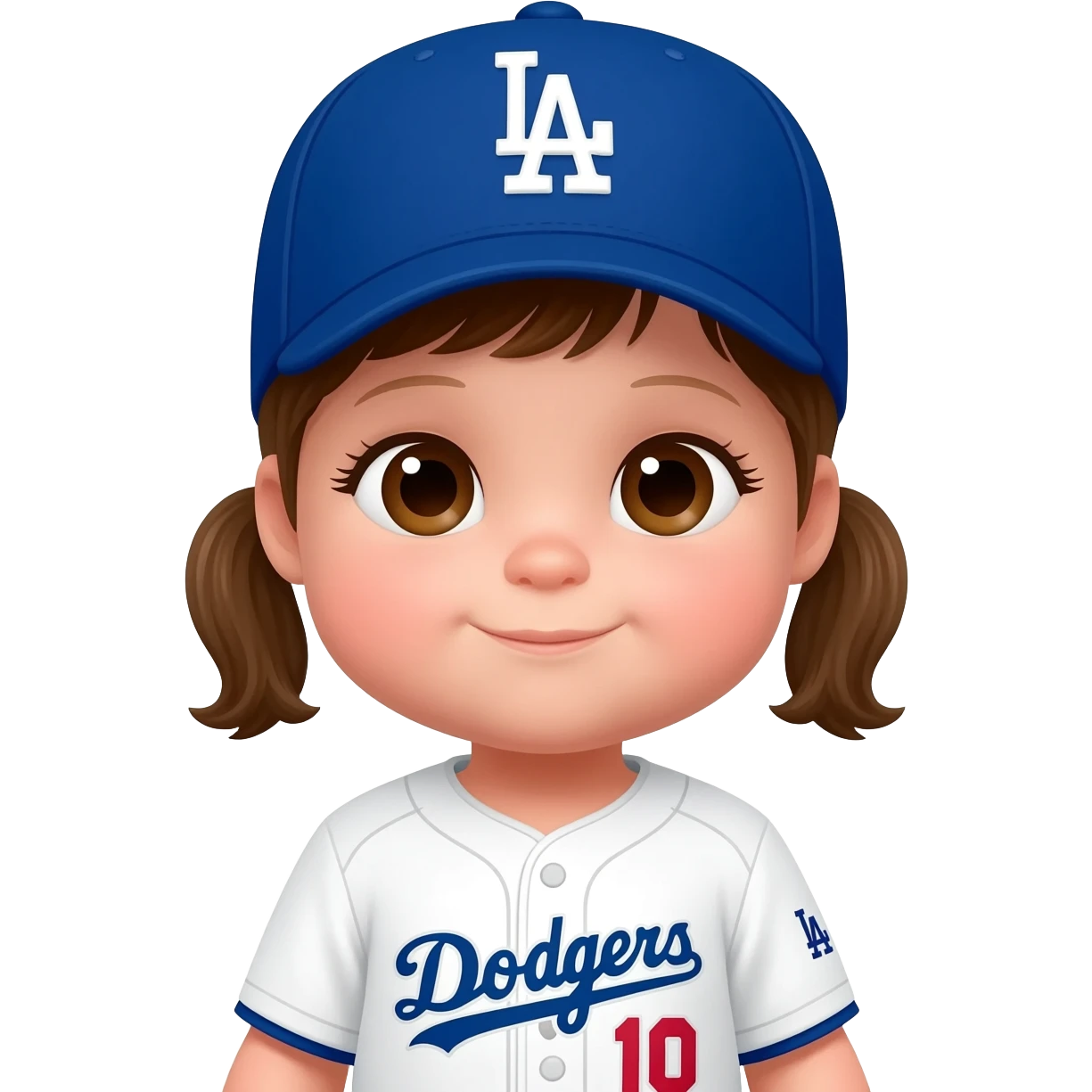 baby girl in a white dodgers uniform with baseball cap and brown eyes emoji