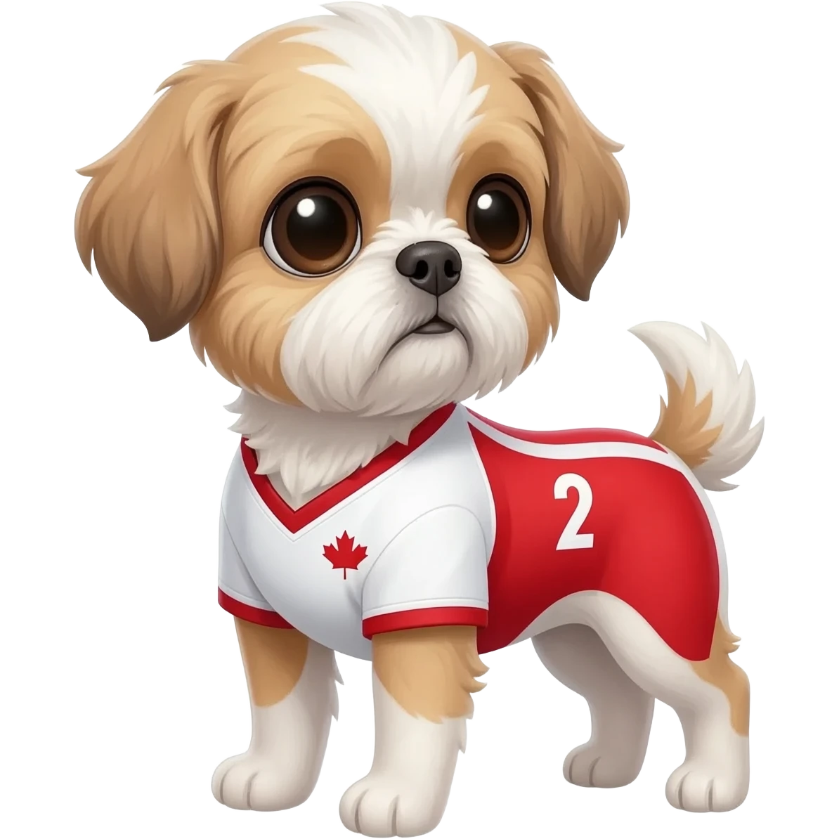 white and light brown shih zhu wearing a Canada white and red soccer jersey v neck 2026 work cup emoji