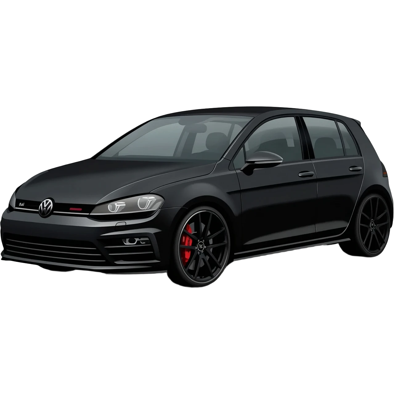 a picture of a full black VW Golf GT Edition TDI MK7 2016 with black rims, tinted windows and red calipers on an angle emoji