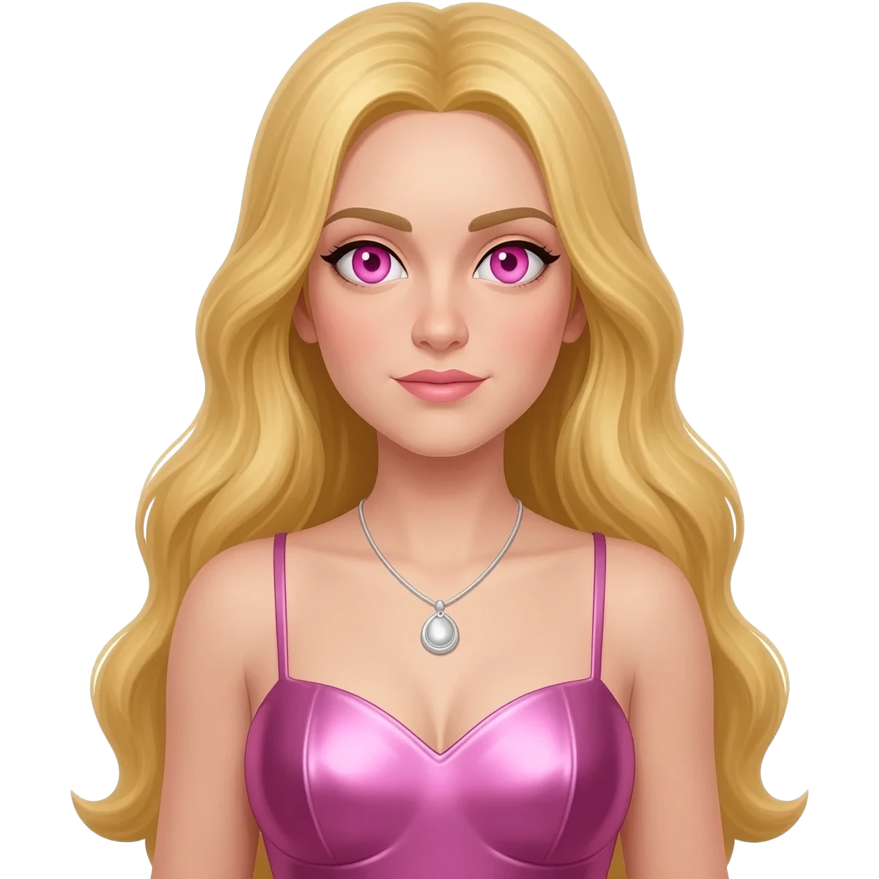 Aphrodite from Greek Mythology with pink eyes, long blonde hair, pink metallic sweetheart dress, silver necklace emoji
