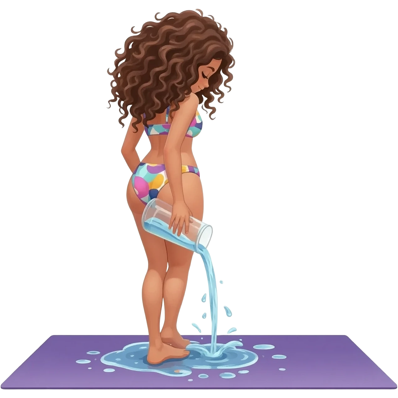 Une fille. Cheveux bouclé. Maillot. Verse. Elle adore faire du yoga ? Ce ça passe dors. À l'appel Juliette emoji