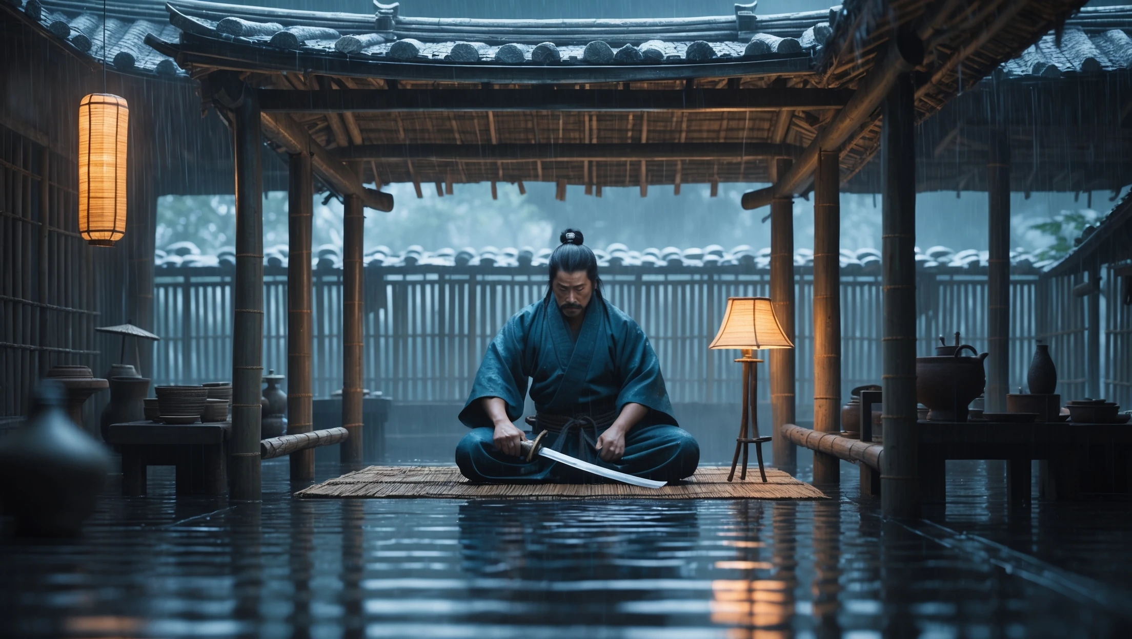 A cinematic scene from 1185, motion blur, wide shot of Taro polishing his katana in a bamboo hut, rain on roof, lamp-lit, symmetrical, gray-blue palette, tense, Arri Alexa, Wes Anderson. emoji