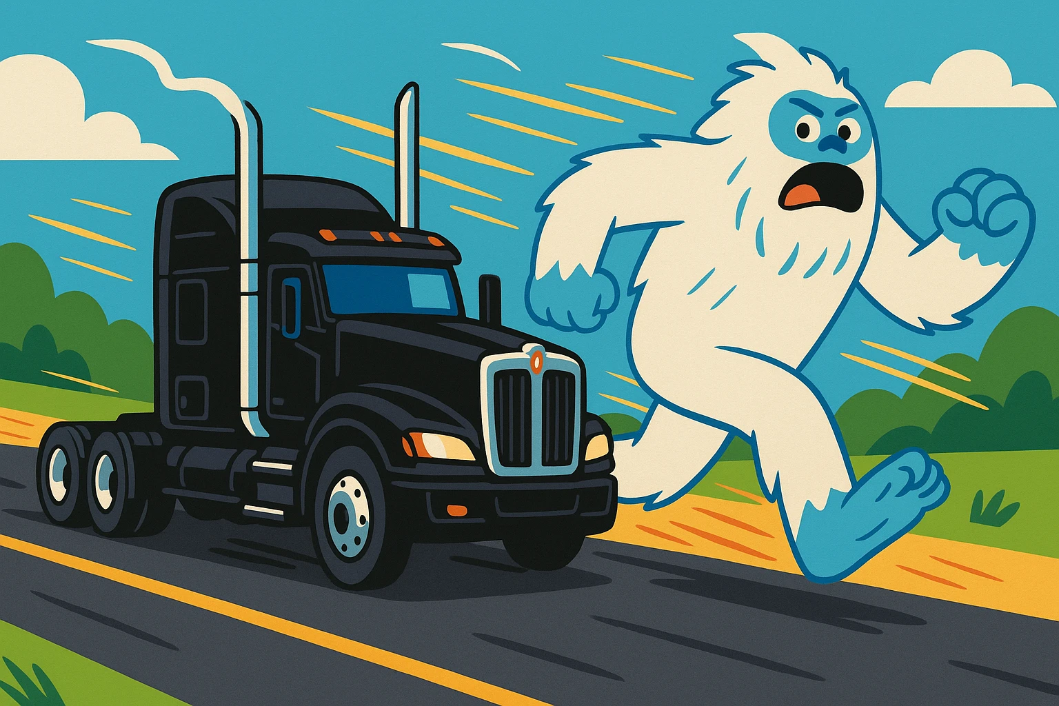 A black 2026 Kenworth W680 flat top semi sleeper with stacks, in pursuit of a large white abominable snowman running down a road, cartoon style, energetic, no text emoji