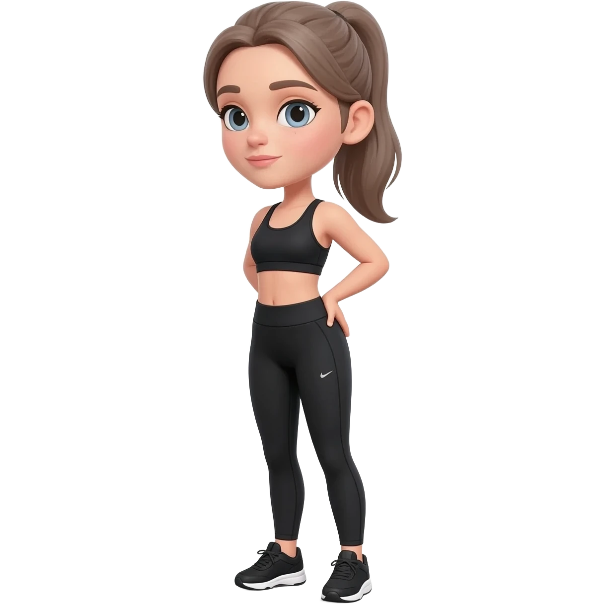 holding lower back with both hands, fair-skinned woman, gray-blue eyes, ash brown brows, ash light brown hair tied back, slim athletic body, black workout set, black sneakers with white soles emoji