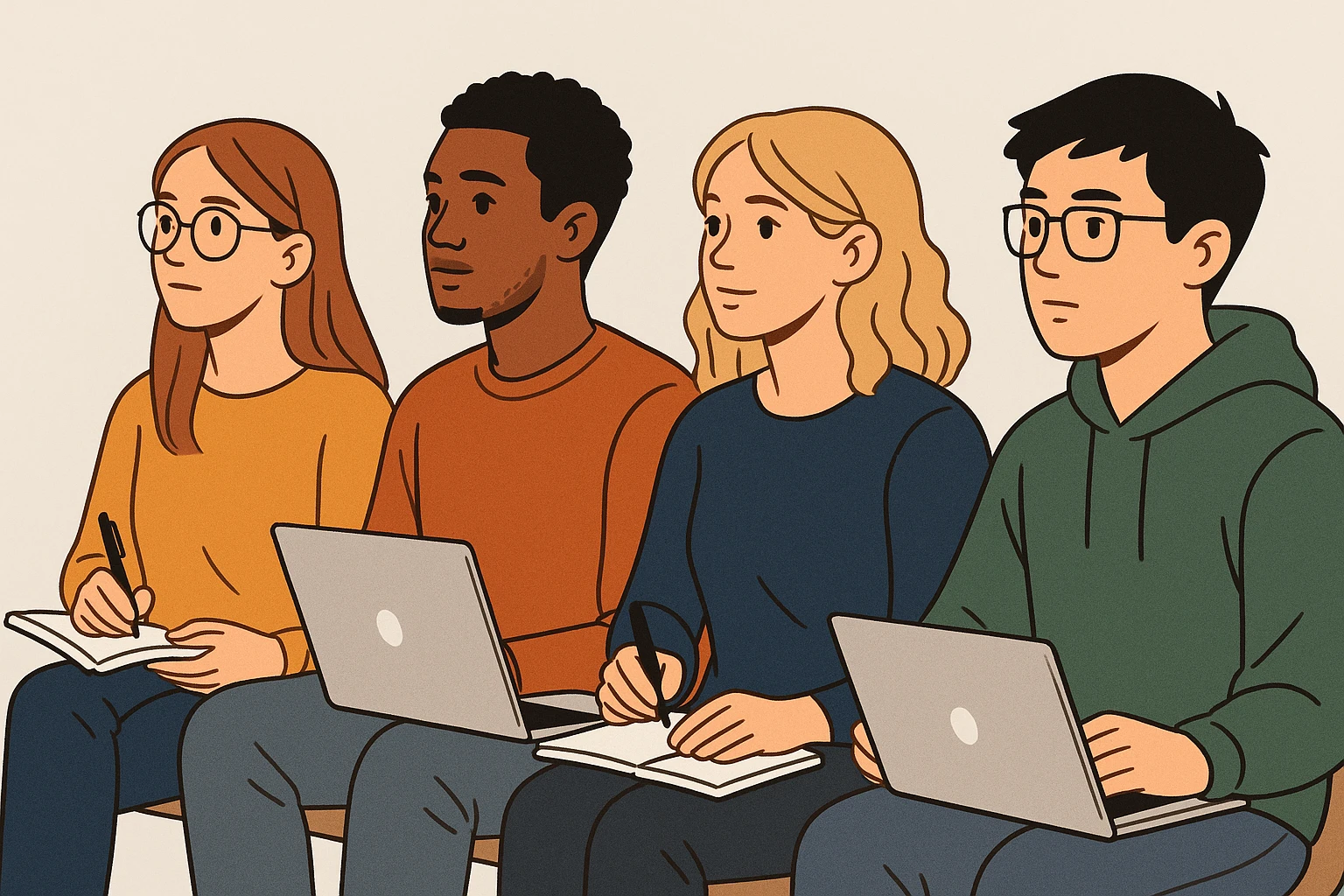 four attentive students sitting and following a university course, diverse group, with notebooks and laptops, modern illustration style, simple background emoji