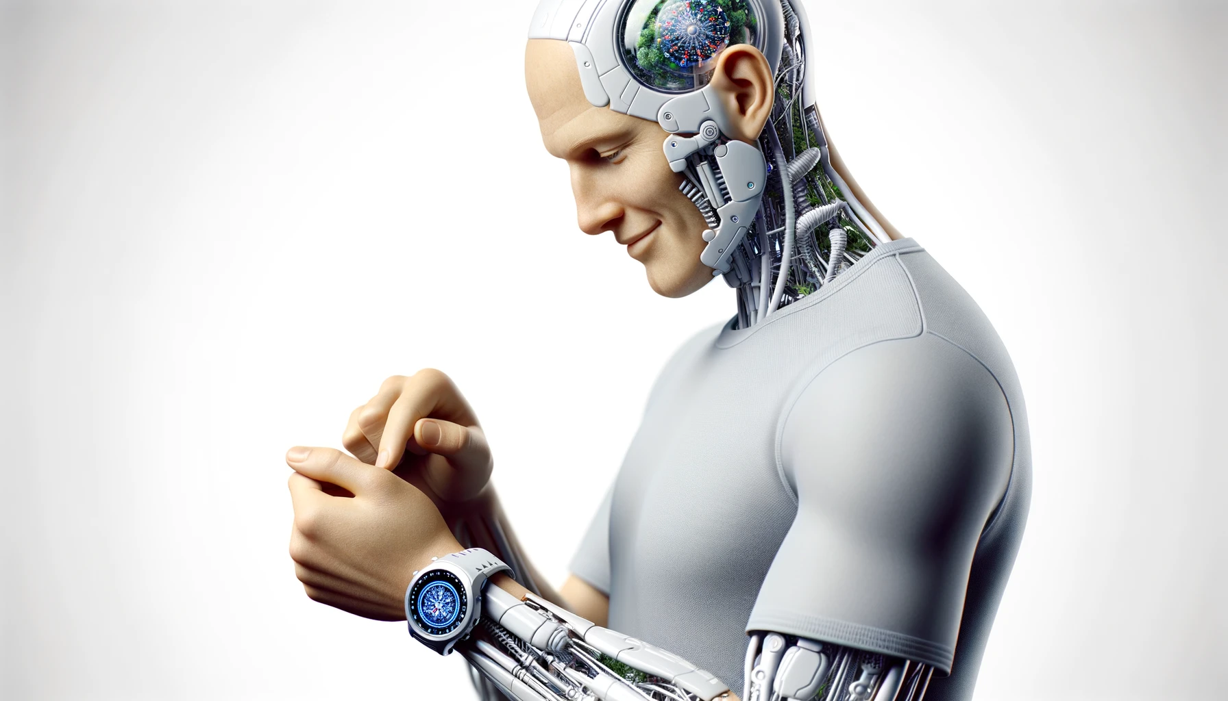 corpo umano anatomico sereno e felice che cammina mentre osserva il suo orologio contapassi, colori realistici del corpo, espressione soddisfatta, iperrealistica 4k, isolato su sfondo bianco emoji