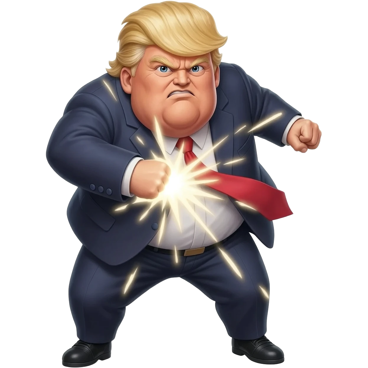 an angry very old and very fat President Donald Trump in a realistic style, even more realistic and not cartoonist at all, make it un flatering, real life photo, powering up for a dragon ball attack, full body, photo realism, very angry in a photo realistic style, Trump Super Hero photo emoji