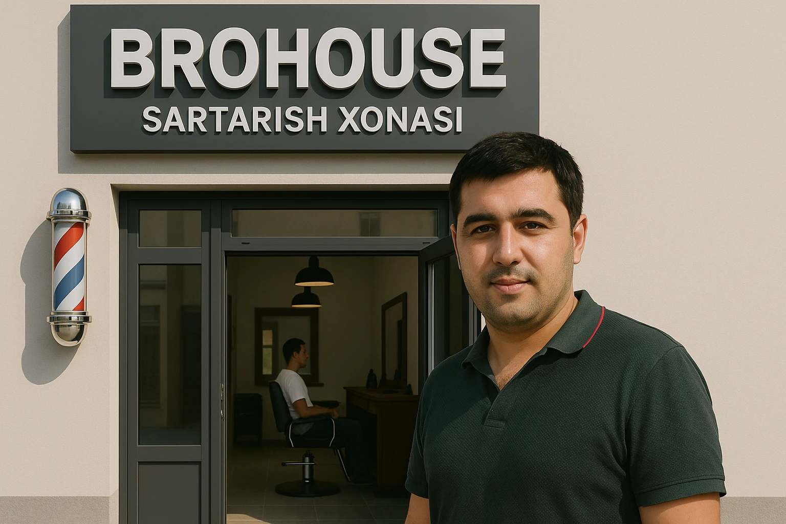 eni shu rasimga manashu odamga uxhshasin sartaosh eshik oldida tursin va tashqarida esa mijoz rasm esa 16 ga 9 bulsin 1920x1080 emoji