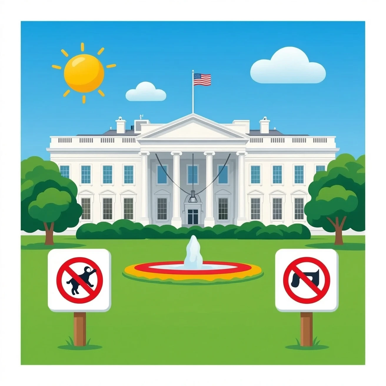 the white house in a realistic style with "no girls allowed" banners and signs emoji