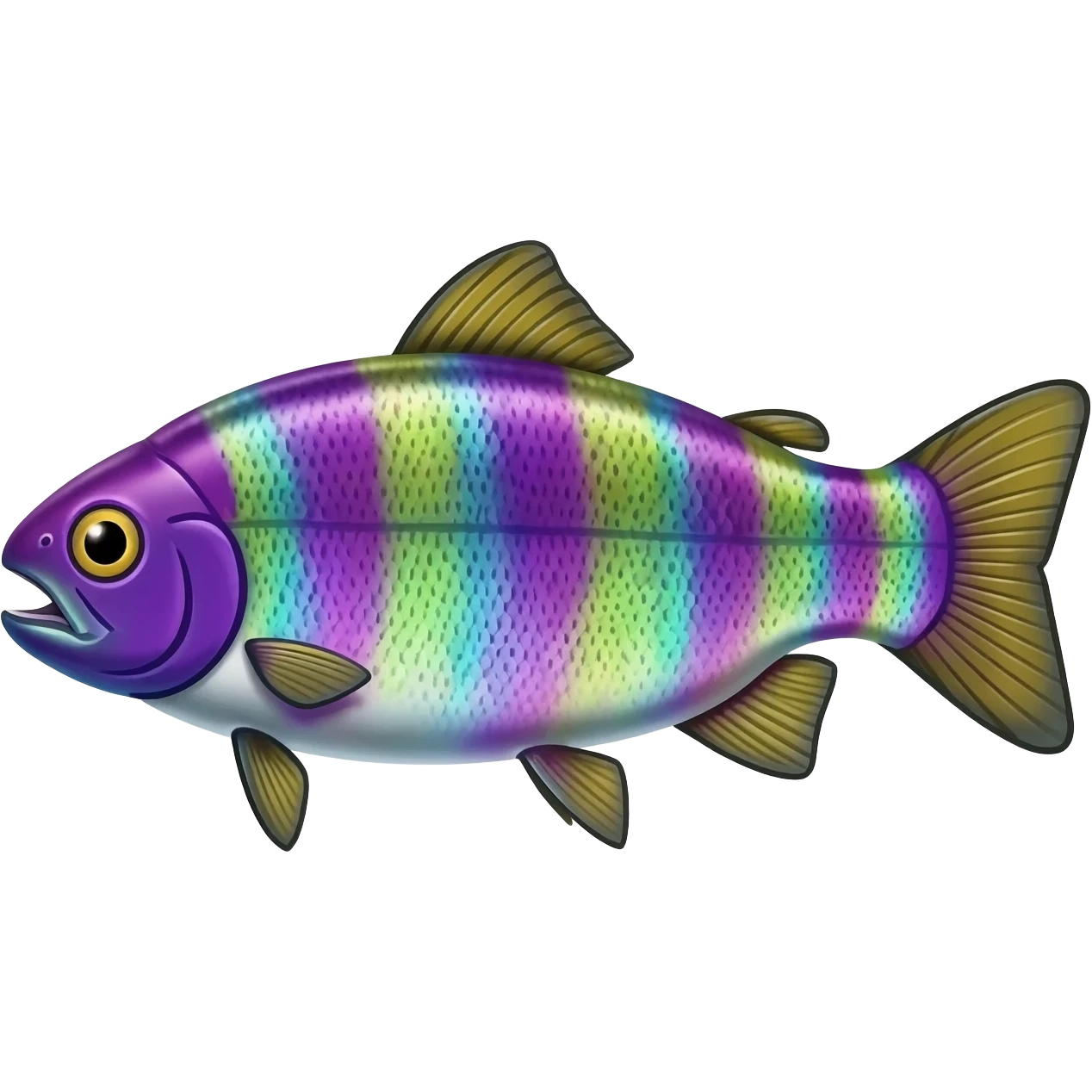 realistic rainbow trout fish bright purple blue green yellow white with black speckles emoji