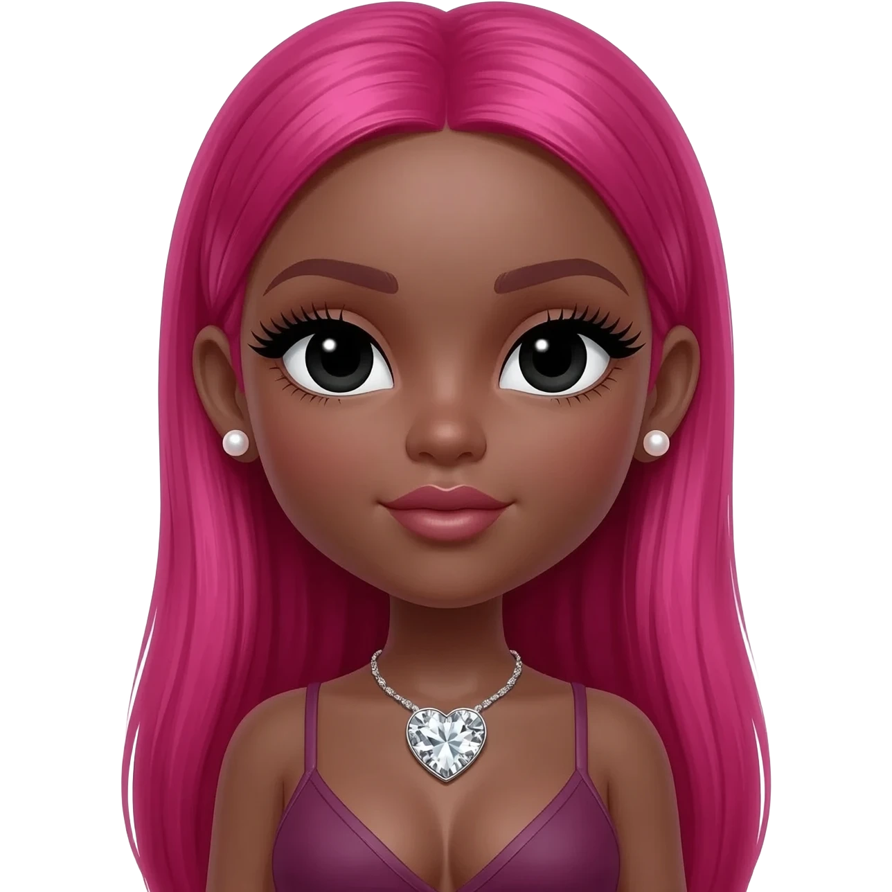 pearl earrings stud, Long giant lashes, Doll faced shaped,swarovski heart with Rhodium plated necklace, bimbo, black doll eyes, barbie, dark brown skin, with long hot pink hair, light pink, big breast emoji