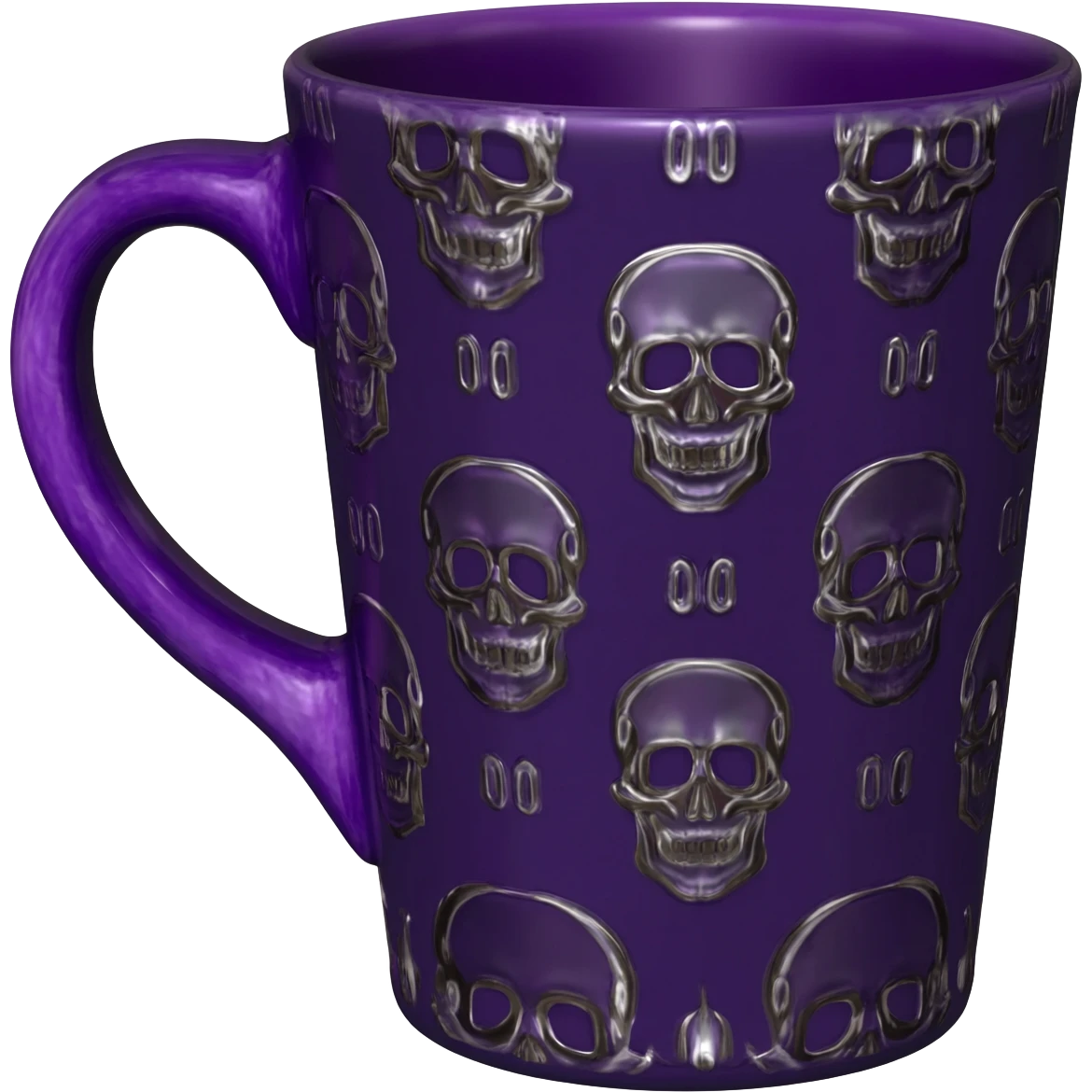 Highly detailed isolated 3d rendering dark purple coffee cup with chrome skull patterns, no emoji faces no emoji icons no human figures, 8k, 600 dpi emoji