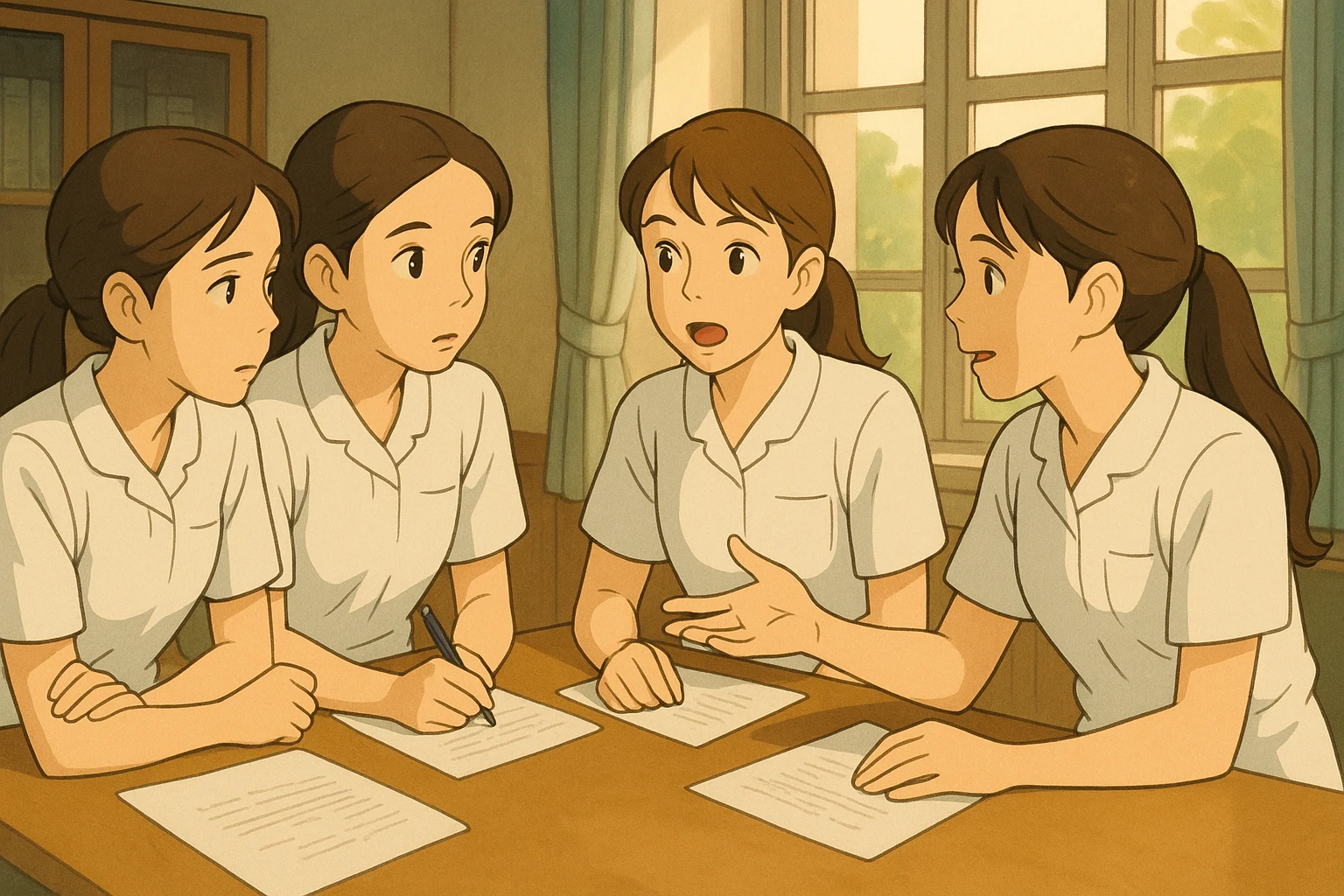 Four nursing students in collaborative discussion indoors, white short-sleeve uniforms with V-neck and left chest pocket, bare forearms, long hair tied back, no stethoscopes or collar stand, resembling reference faces, Ghibli style emoji