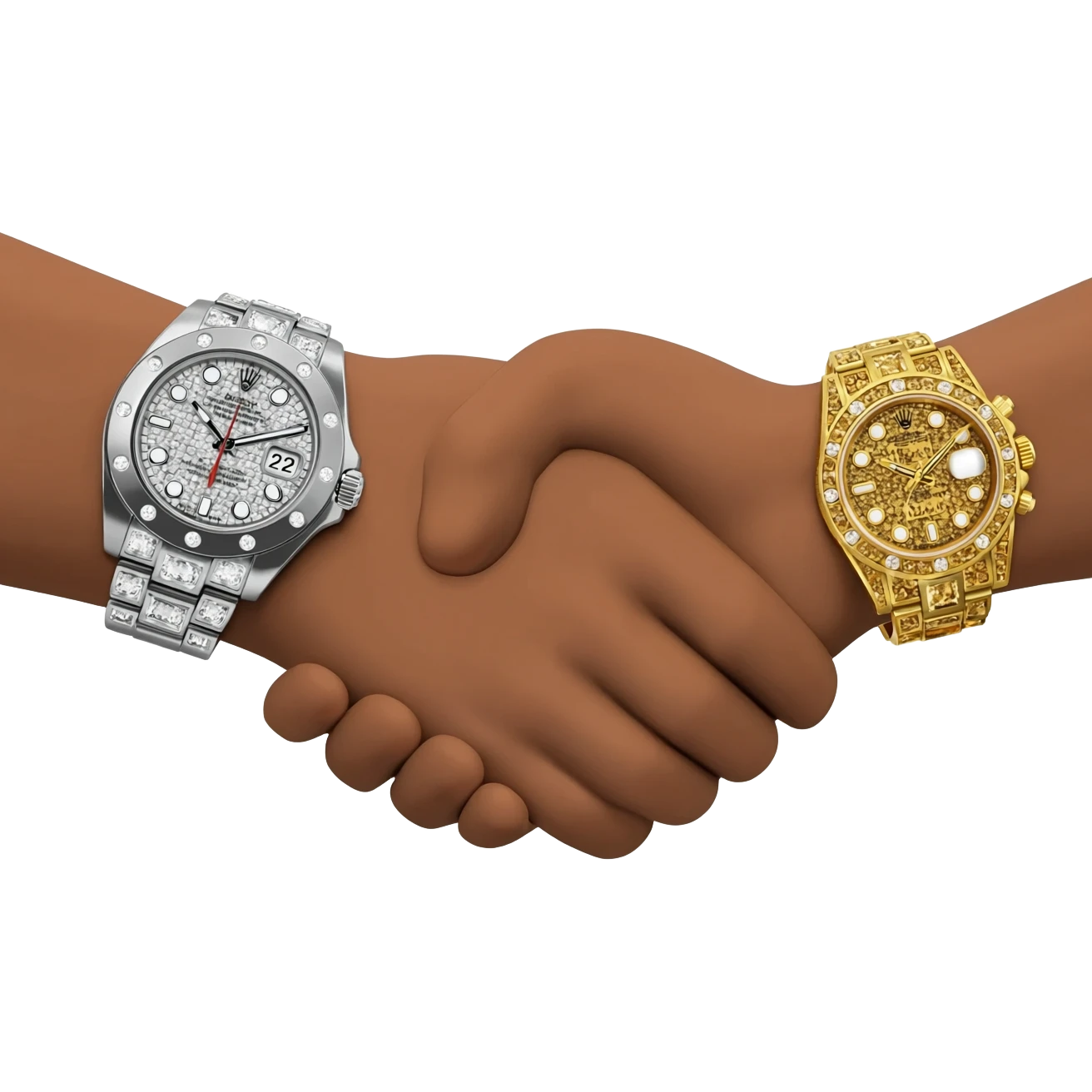 Emoji of a handshake, extreme close-up on wrists, oversized and flashy luxury watches, one silver iced-out Rolex, one gold iced-out Rolex, cartoon style, bold colors, focus on massive luxury watches, transparent background. emoji