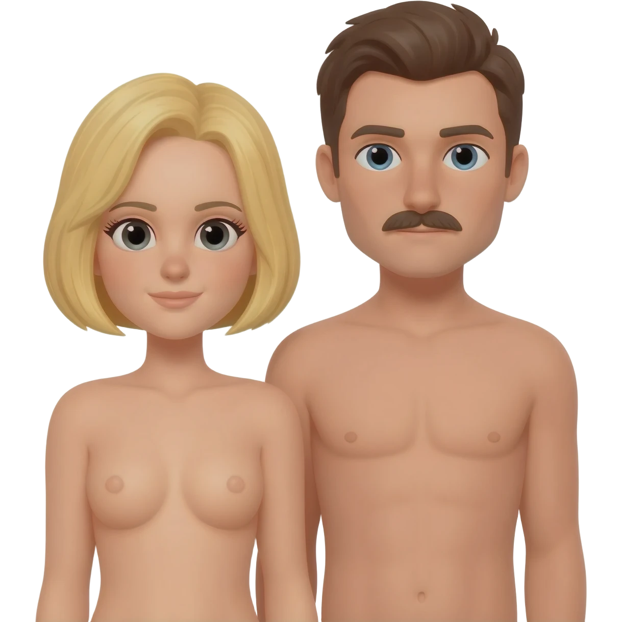 Naakt stel, zij blond bob line, hij donkerblond met snor en sik, helemaal op het plaatje emoji