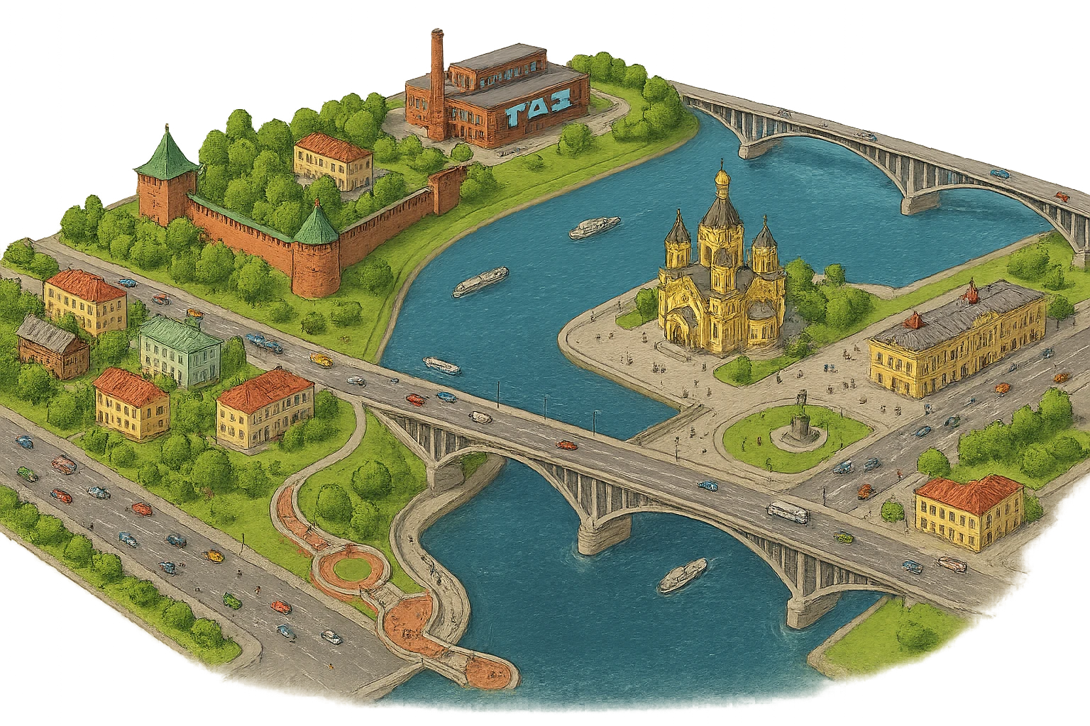 Изометричная миниатюрная фотореалистичная 3D модель панорамы Нижнего Новгорода - Нижегородский Кремль, Стрелка между Окой и Волгой, ГАЗ, Чкаловская лестница, Борский Мост через Волгу, Нижегородская ярмарка, нижегородские дома, автотранспорт четкие линии, яркие цвета, мультяшный реализм, люди, автотранспорт, компактная композиция, вид сверху в изометрии, прозрачный фон emoji