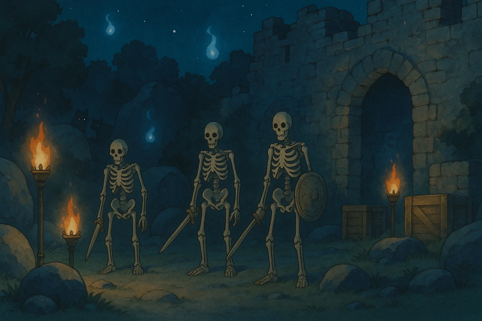 midnight within the ruins of abandoned castle yard, protrude boulders, amid iron torches and crates tucked behind, skeleton warriors, wisps, and wolves linger just in the edge of view behind scenery, very subtly, appearing safe with hidden threat emoji