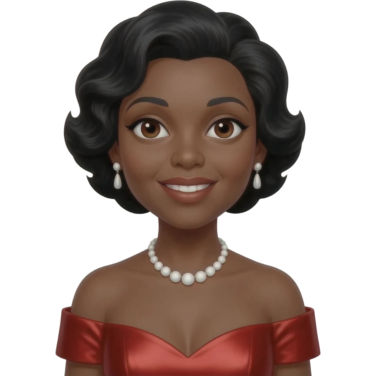 Marian Anderson dark brown eyes, black hair, red metallic off shoulder dress, white necklace and earrings emoji
