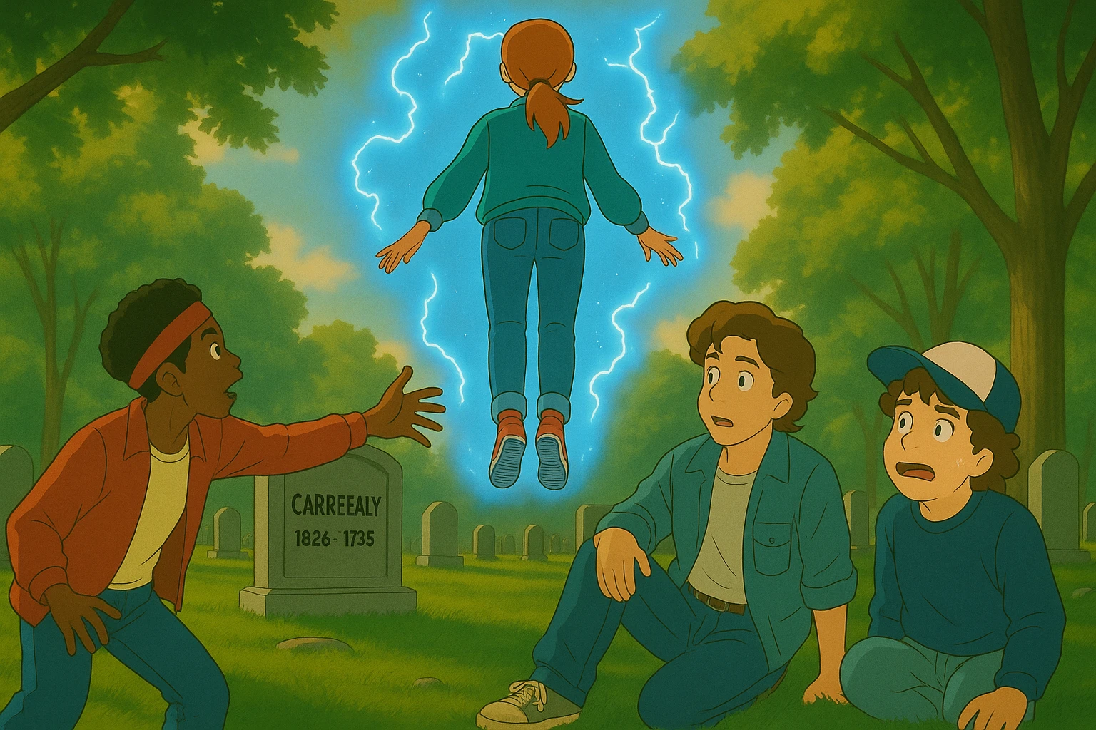 Max from Stranger Things levitating above a grave in a cemetery, seen from behind and in front of Lucas, Steve, and Dustin. Lucas is getting up and reaching out to help Max, Steve is watching, and Dustin looks scared. Render in Ghibli style with wide aspect ratio (16:9), supernatural glowing effects, expressive and cinematic atmosphere. emoji