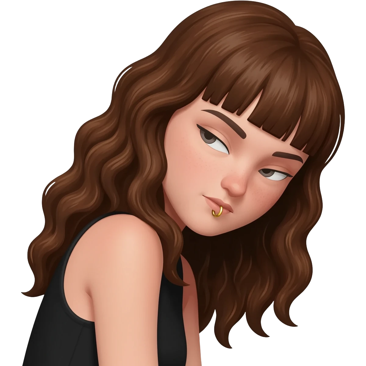 Make her head lean even more forward and make it a girl with long brown curly hair and bangs and a septum gold hoop emoji