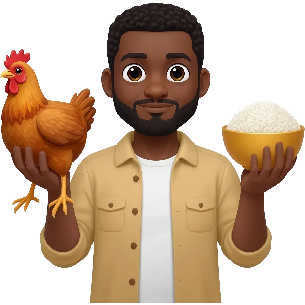 a black guy with chicken in this left hand and a rice in this other emoji