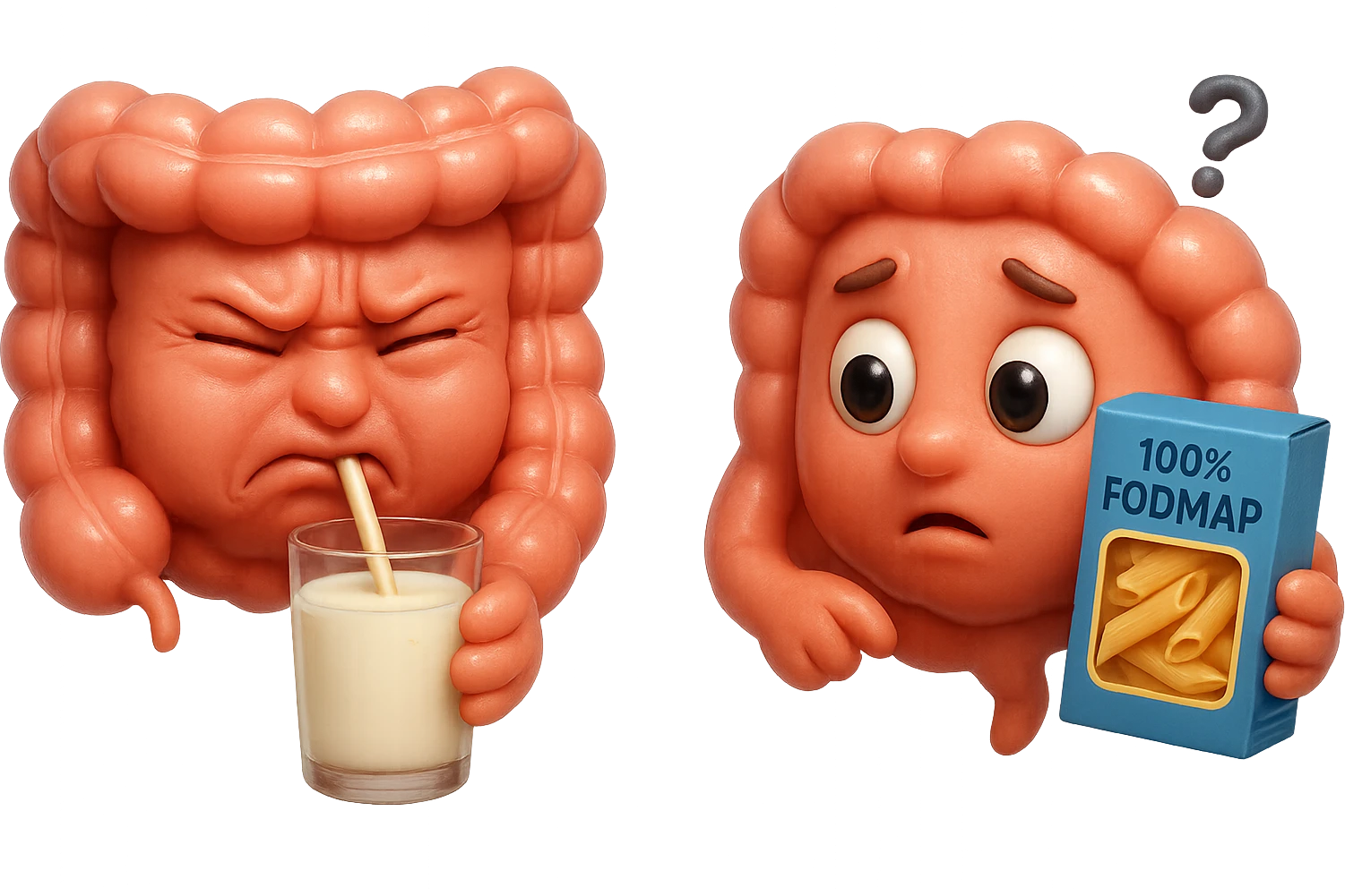 emoji stile iphone di un intestino che beve latte e ha un espressione di dolore e un intestino che guarda un pacco di pasta con la scritta "100% FODMAP" SULL'ETICHETTA CON ESPRESSIONE CONFUSA, iperrealistico 4k, isolato su sfondo bianco emoji