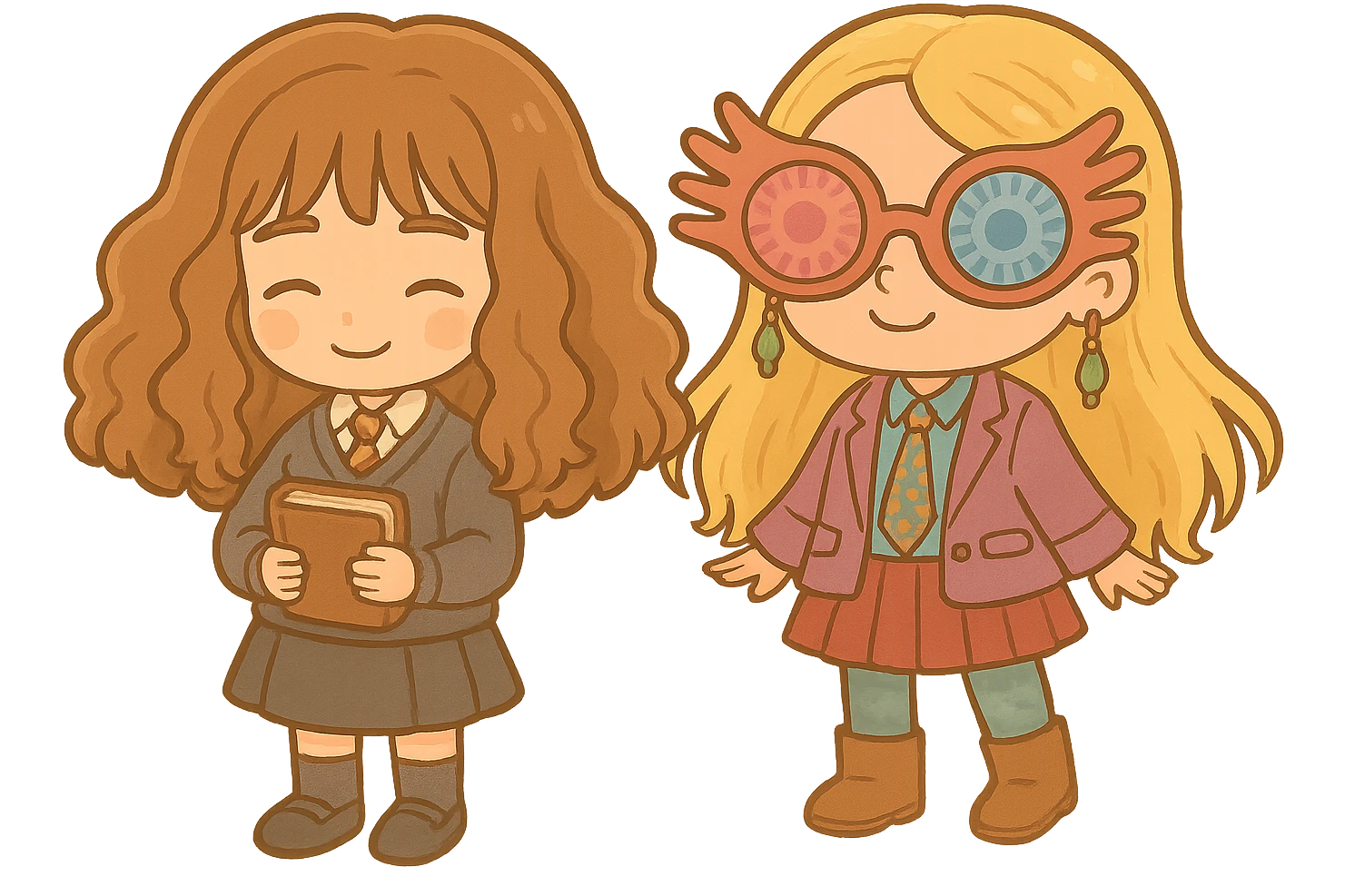 Combine the two characters side by side in a cute chibi style, maintaining a transparent background. Both characters should be adorable and harmonious in the chibi stickers style. emoji