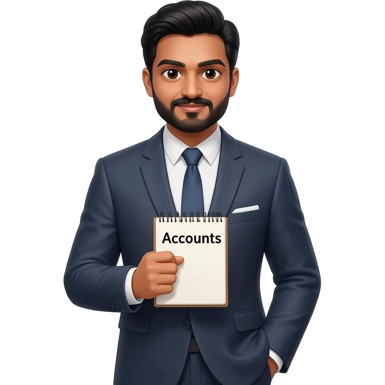 create emoji of man wearing business suit with accounts notebook and the man has middle parting and of indian origin with a goatee emoji