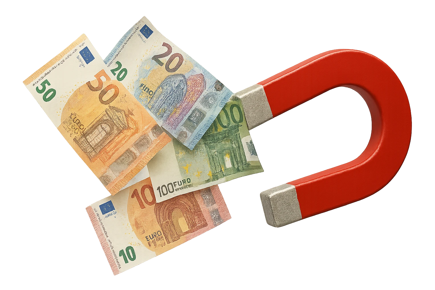 banconote di euro fluttuano vicino ad una calamita rossa, sono attratte, iperrealistico 4k emoji