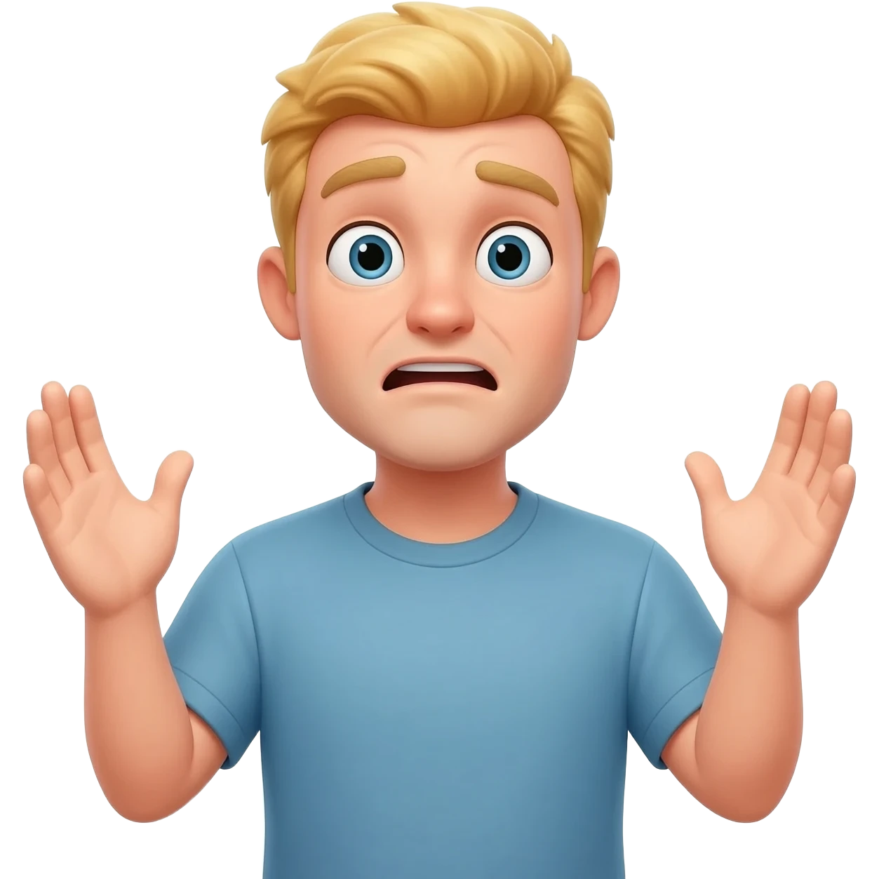 Homme blond cheveux courts qui lève les bras avec mains ouvertes pour dire qu’il a rien fait avec regard interloqué emoji