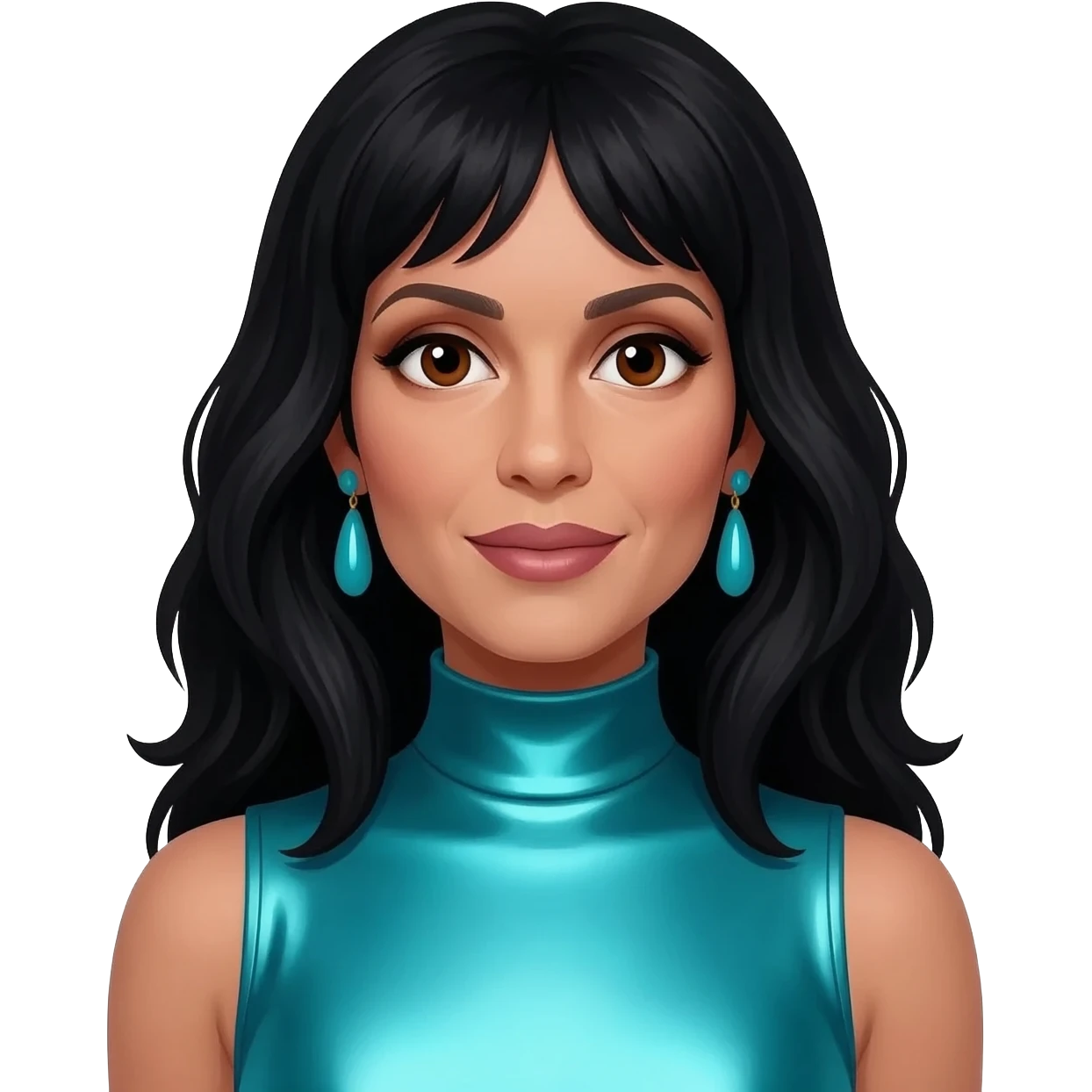 Cher with brown eyes, long black hair, turquoise metallic turtleneck dress, cyan earrings emoji