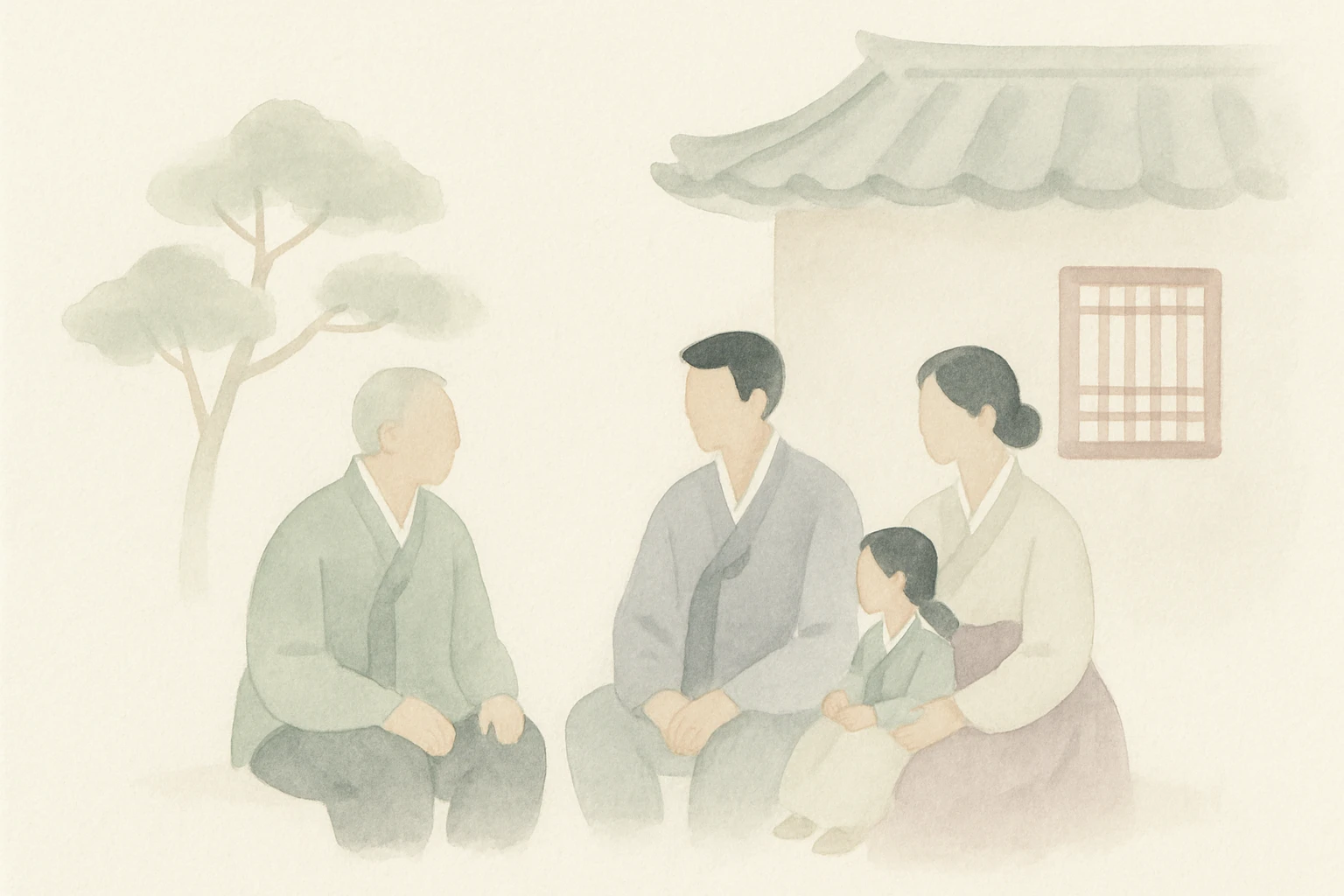 family gathered wearing traditional Korean hanbok, Korean atmosphere, ink wash painting style emoji