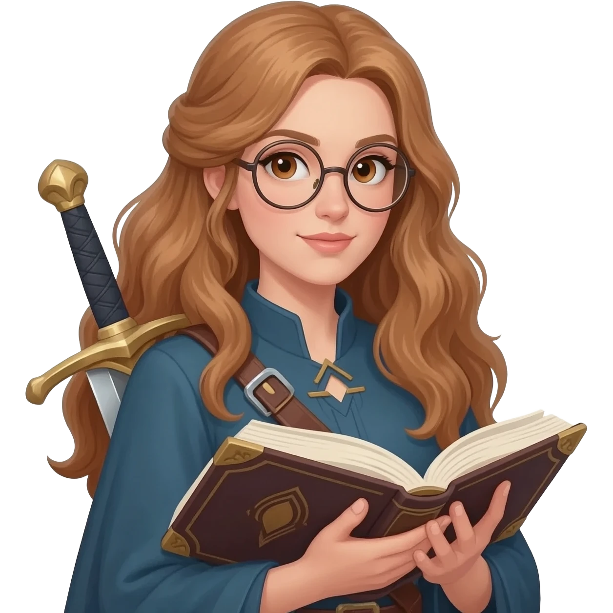 emoji style illustration of a woman with long light brown wavy hair, light brown eyes and round glasses holding an open book, with a sword on her back, fantasy heroine reader aesthetic emoji