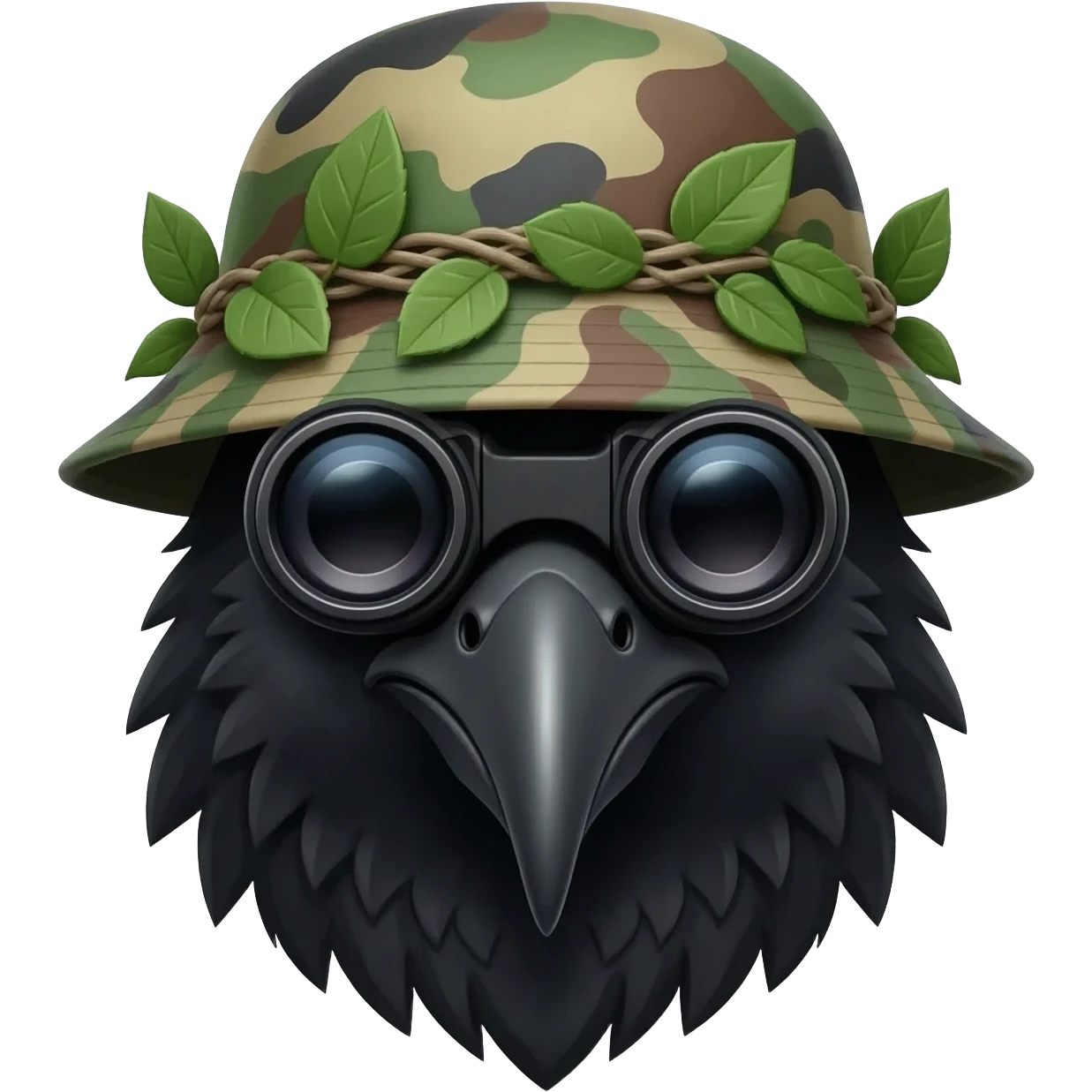A raven (bird) from shoulders up and from 45 degrees, wearing dual tube night vision devices pvs-31 over their eyes, and a camoflage Boonie hat with a few more bits of scrim and leaves attached to the hat emoji