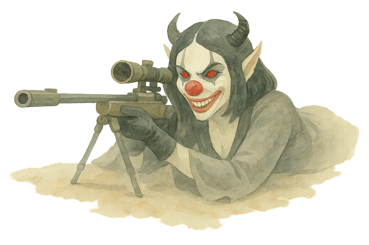 Evil clown assassin, prone and aiming a sniper rifle, watercolor art style, soft edges, flowing colors, artistic, transparent background. emoji