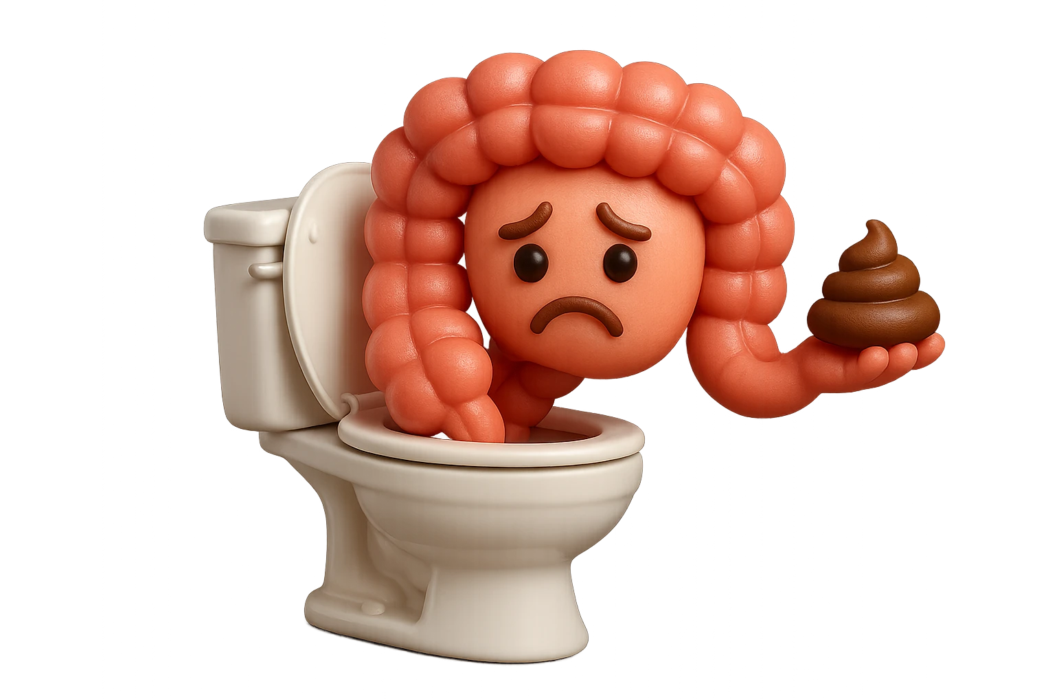 emoji stile iphone di un intestino realistico 3d che esce dal wc con in mano una montagnetta di feci con espressione triste a palline, iperrealistico 4k emoji
