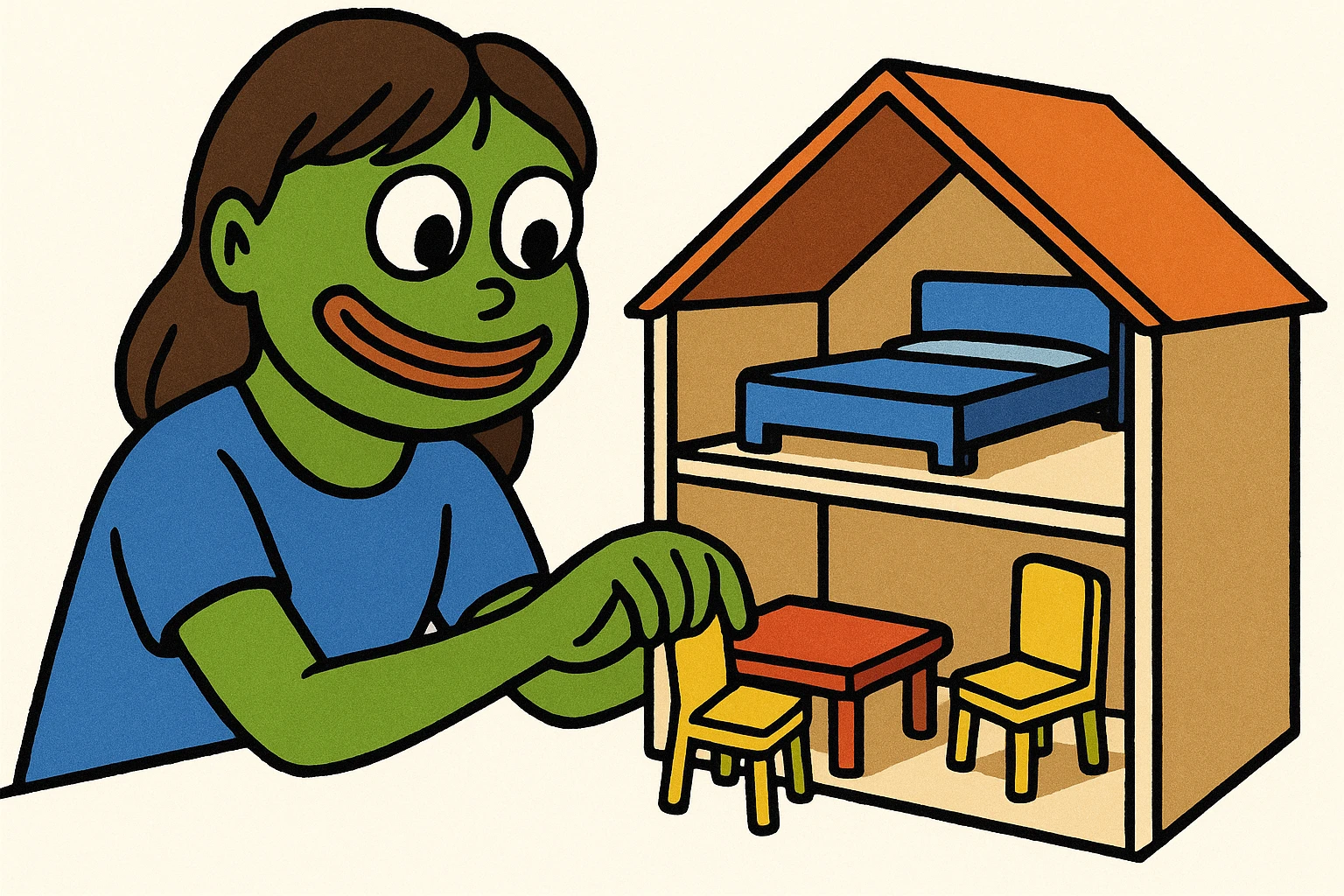 smiling girl arranging furniture in doll house emoji