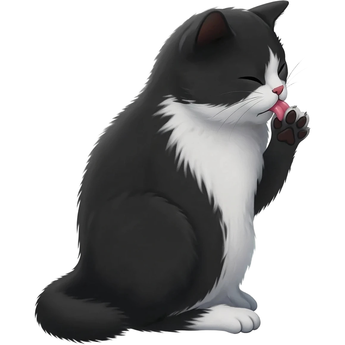 A black and white cat licks its paw emoji